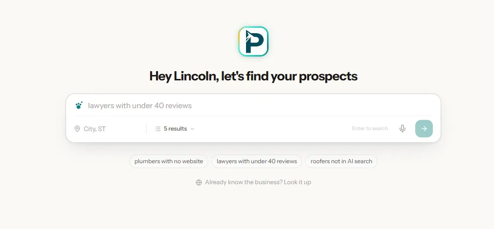 Packleads AI Search composer: type what you fix, like “plumbers with no website,” and get scored leads