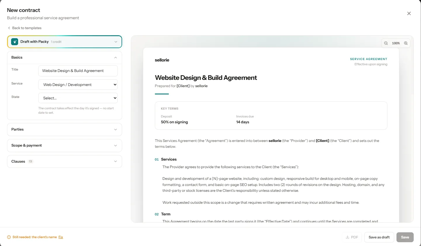 The Packleads contract builder with a service agreement drafted